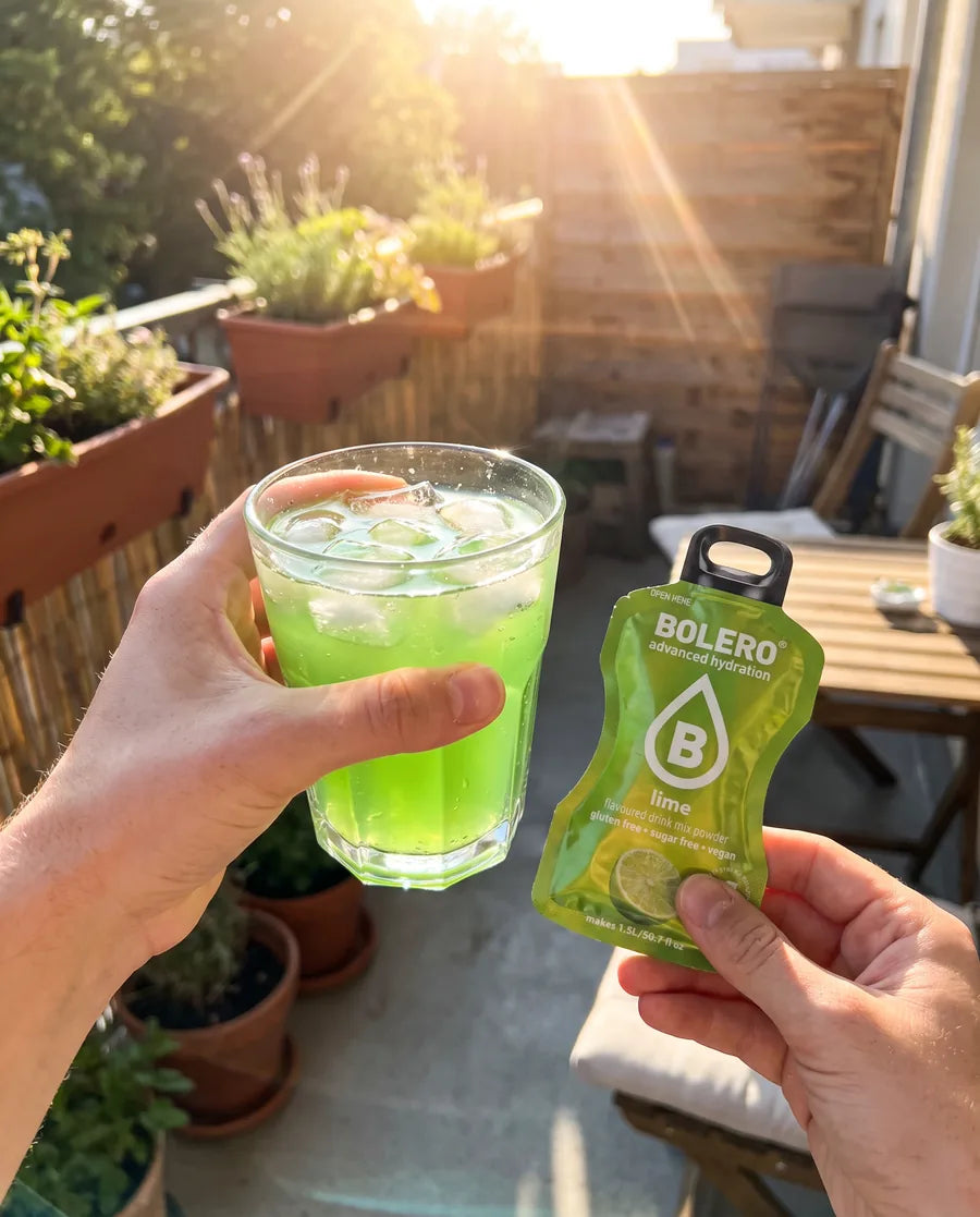 Hand hält ein Glas mit grünem Lime-Drink und ein Bolero-Lime-Päckchen auf einem sonnigen Balkon