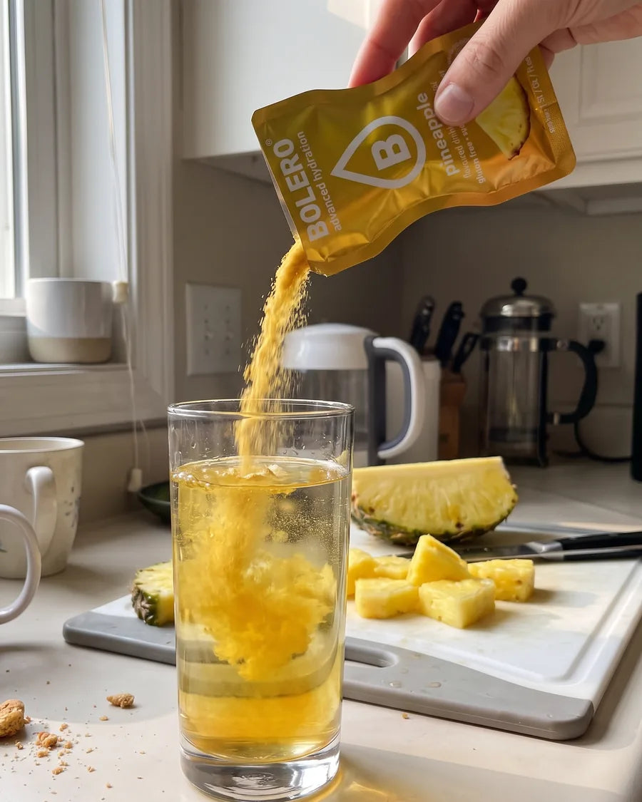 Ananas-Pulver wird in ein Wasserglas geschüttet, daneben frische Ananasstücke in der Küche